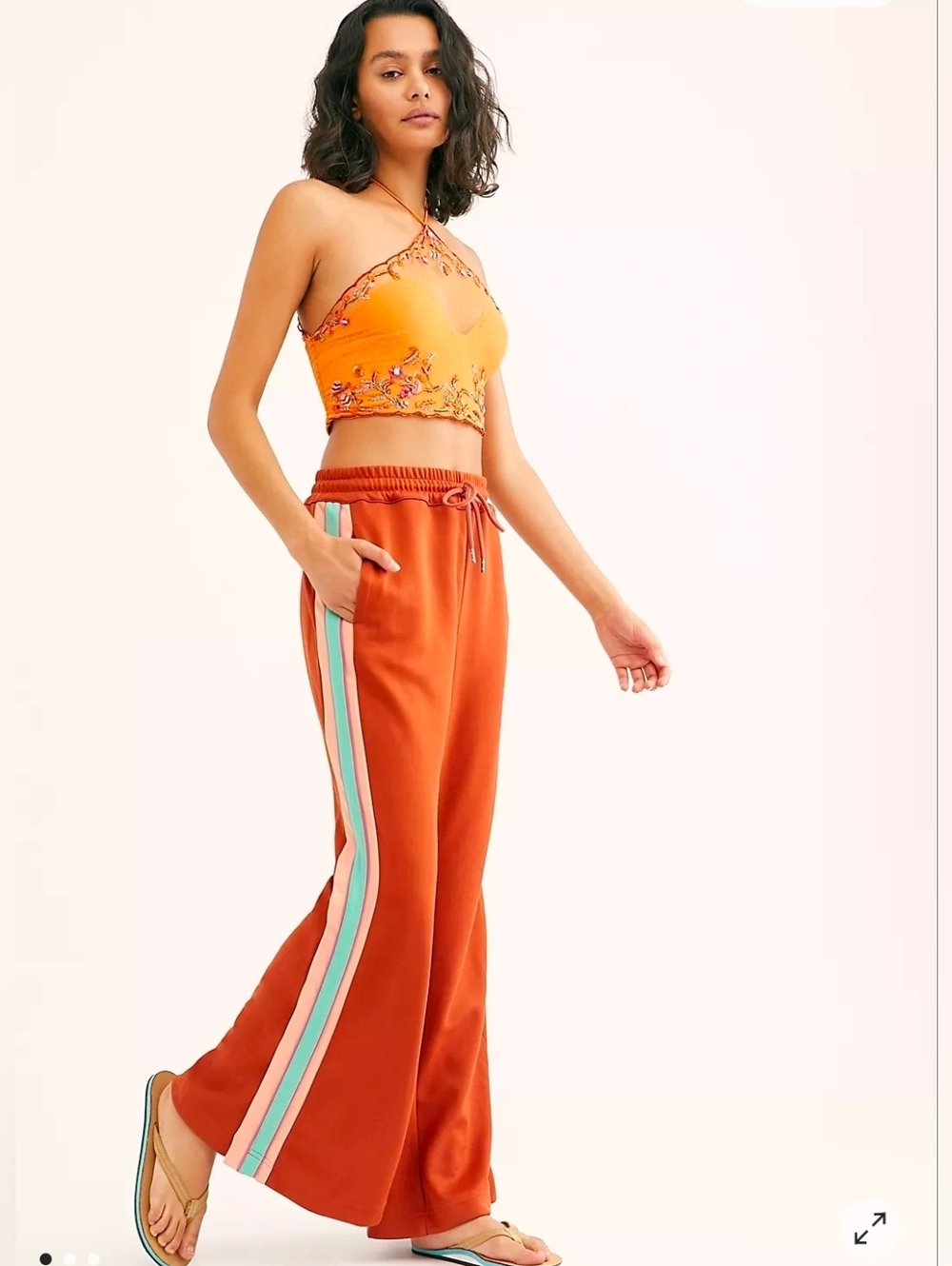 Free People Rust Wide-Leg Track Pants with Mint & Cream Side Stripes